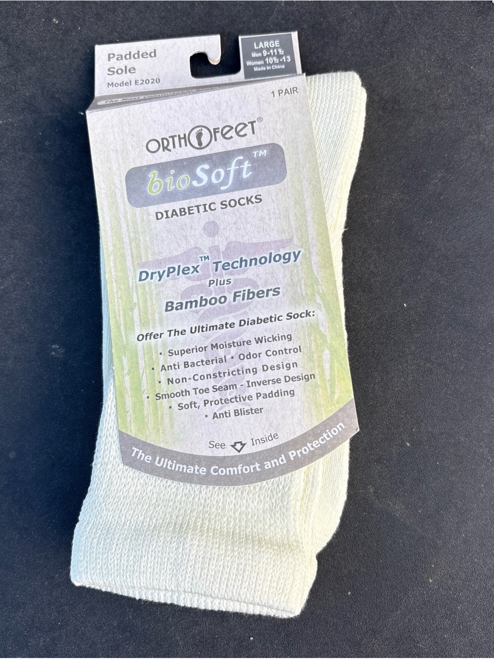 Orthofeet Biosoft Diabetic Socks Sz L 9-11.5 Bamboo Fibers DryPlex Technology